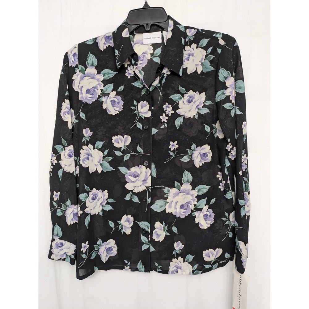 Alfred Dunner Womens 8 Black Floral Metallic Button Up Blouse Rose Purple 88545
